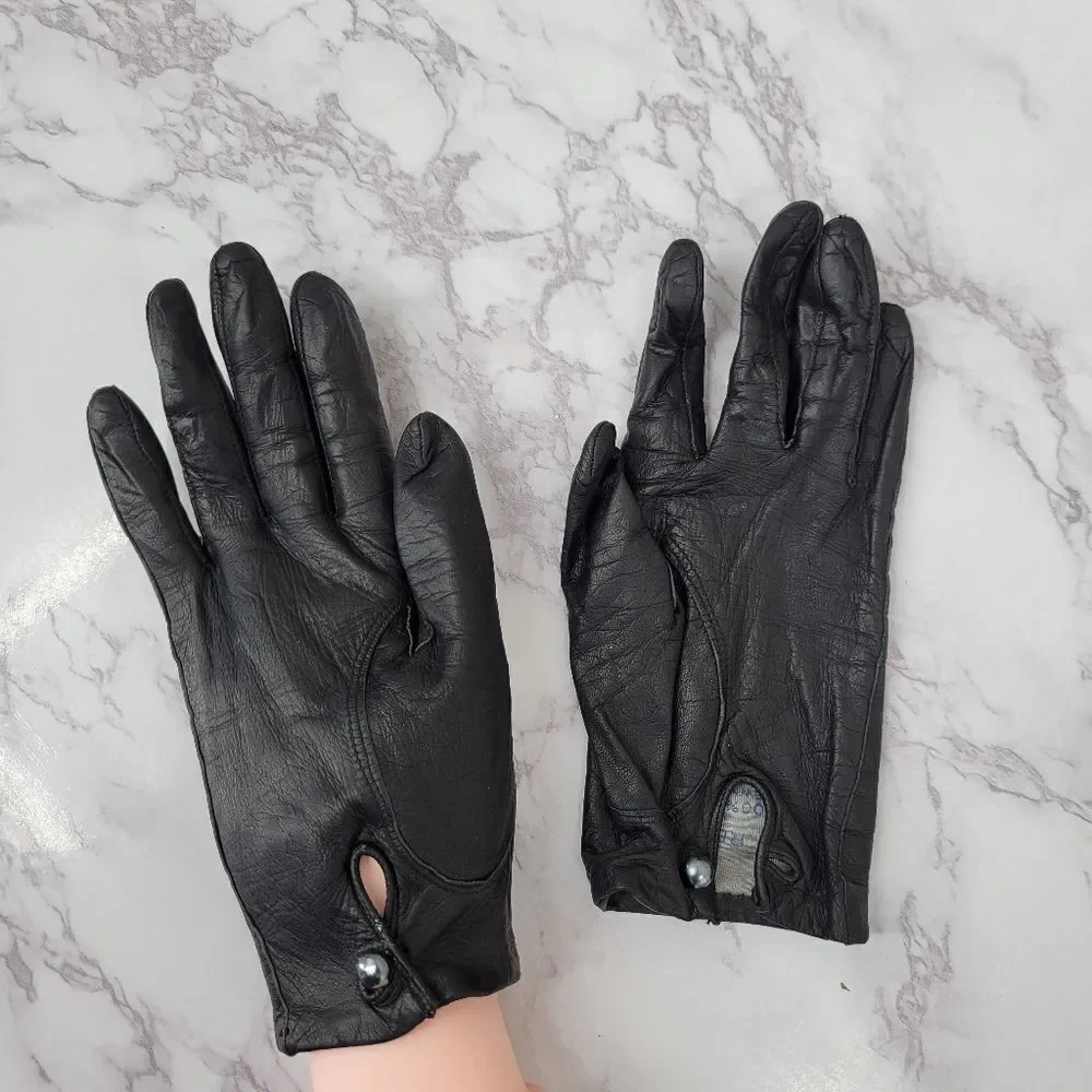 Fownes Vintage Black Leather Goat Kid Skin Short Driving Gloves Silk Lining